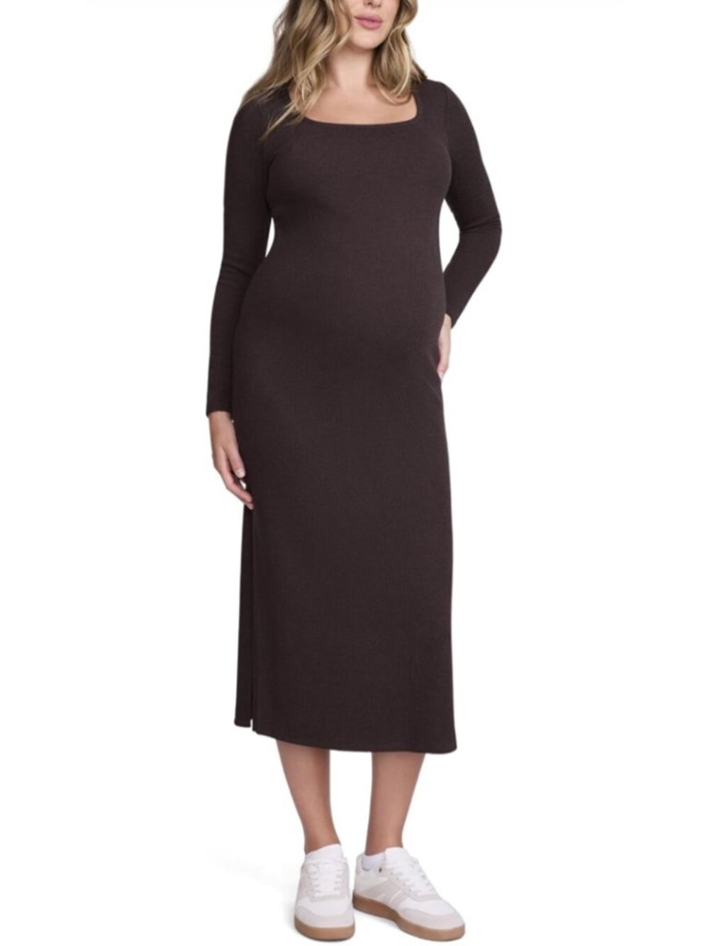 Motherhood Maternity Women's Long Sleeve Ribbed Square Neck Pregnancy Dress, XL